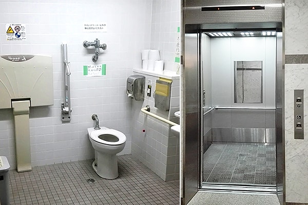 車椅子対応トイレ・エレベーター（1〜2F）